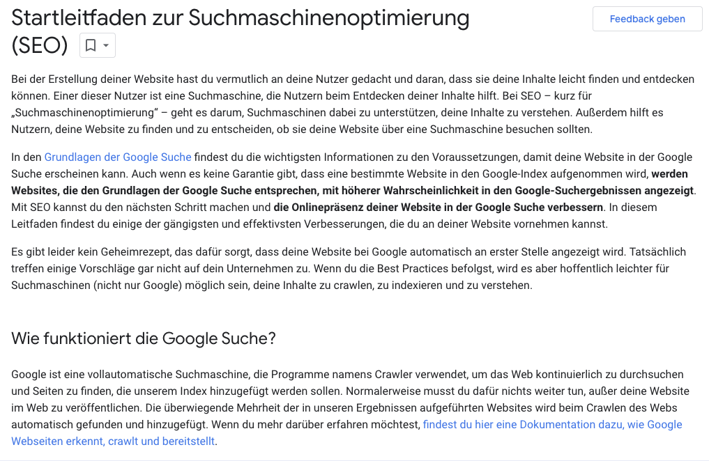 Screenshot des Google SEO Leitfadens